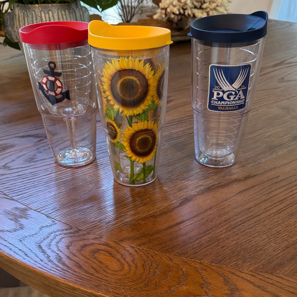 Tervis Tumblers with Red, Yellow, and Blue Lids
